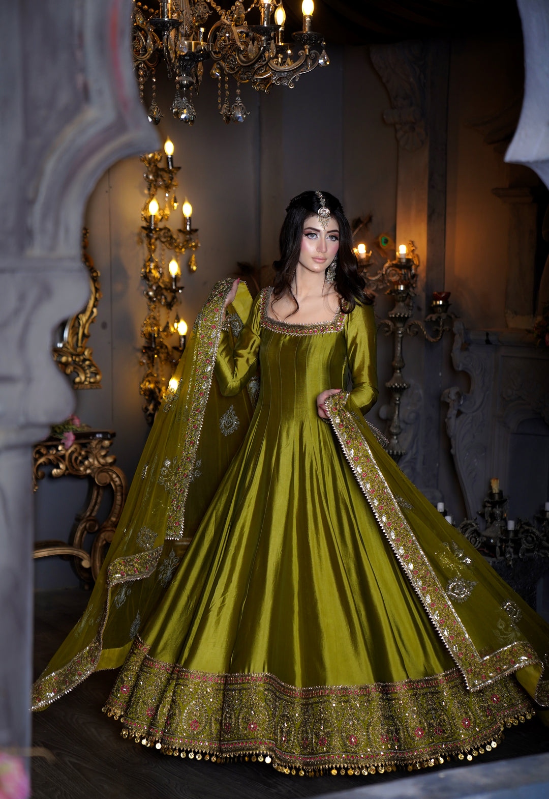 Kalidar Peshwas Unstitched | Naina Lage | KKDP-004 OLIVE GREEN |