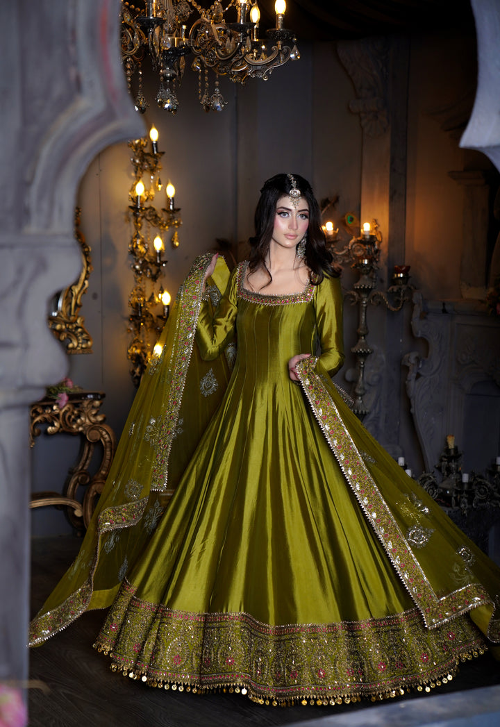 Kalidar Peshwas Unstitched | Naina Lage | KKDP-004 OLIVE GREEN |