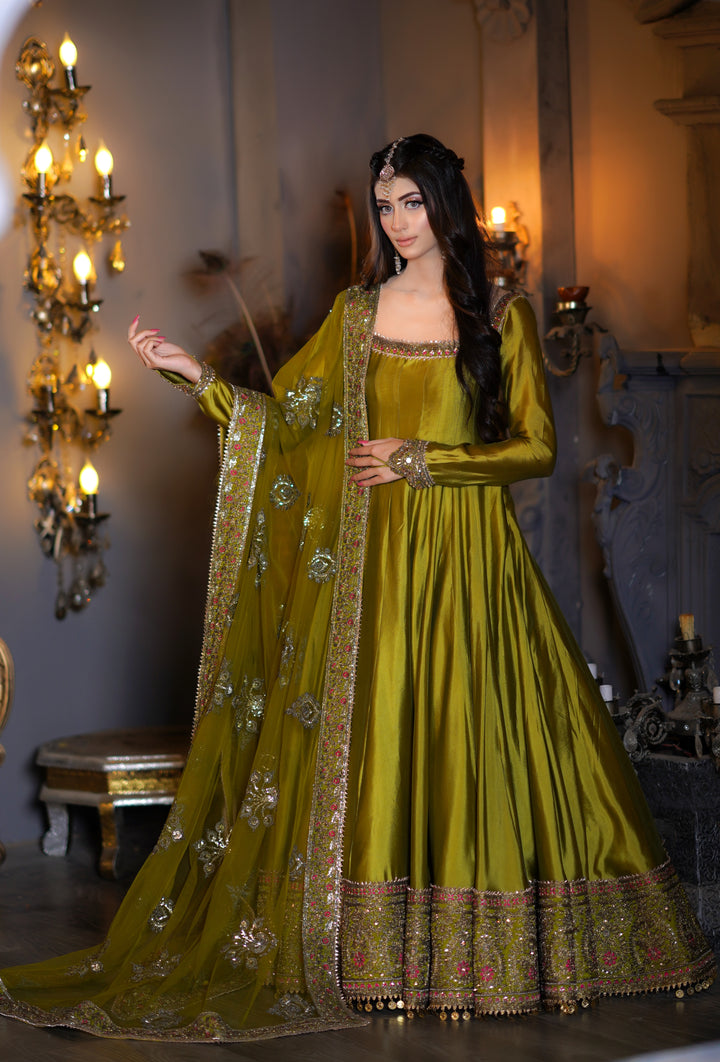 Kalidar Peshwas Unstitched | Naina Lage | KKDP-004 OLIVE GREEN |
