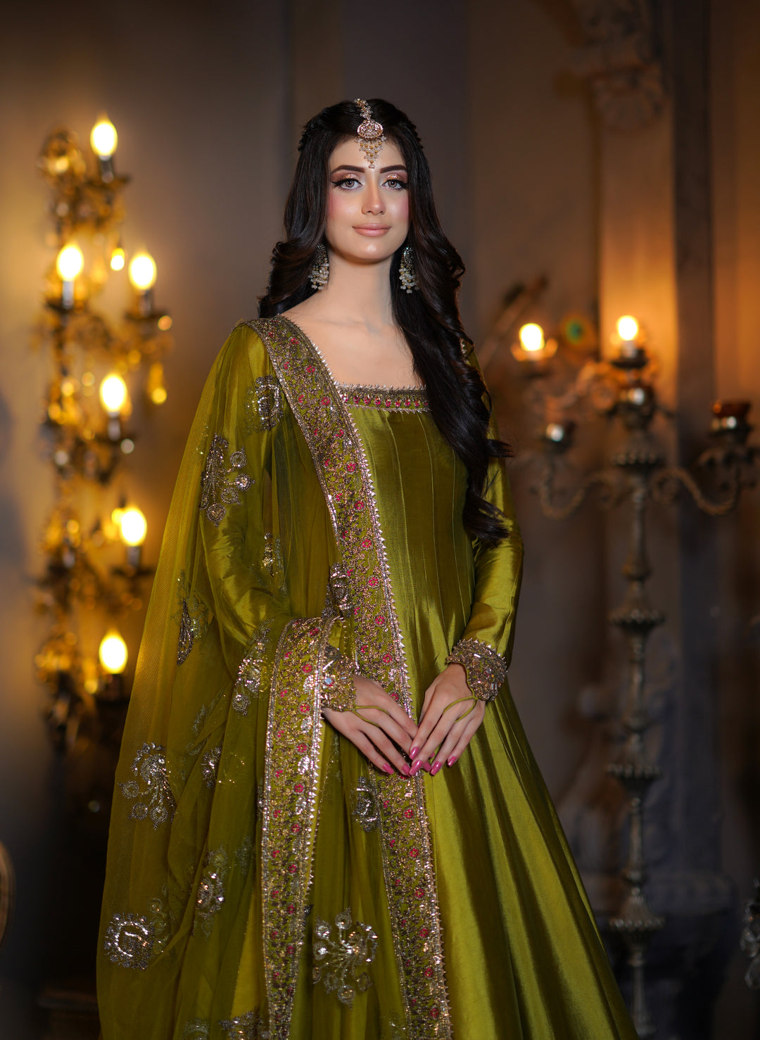 Kalidar Peshwas Unstitched | Naina Lage | KKDP-004 OLIVE GREEN |