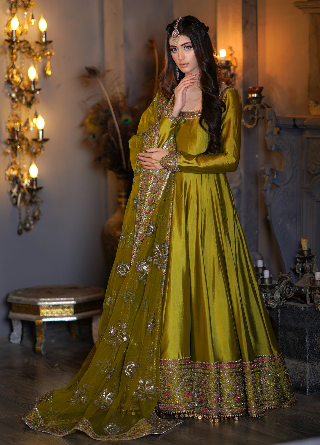 Kalidar Peshwas Unstitched | Naina Lage | KKDP-004 OLIVE GREEN |