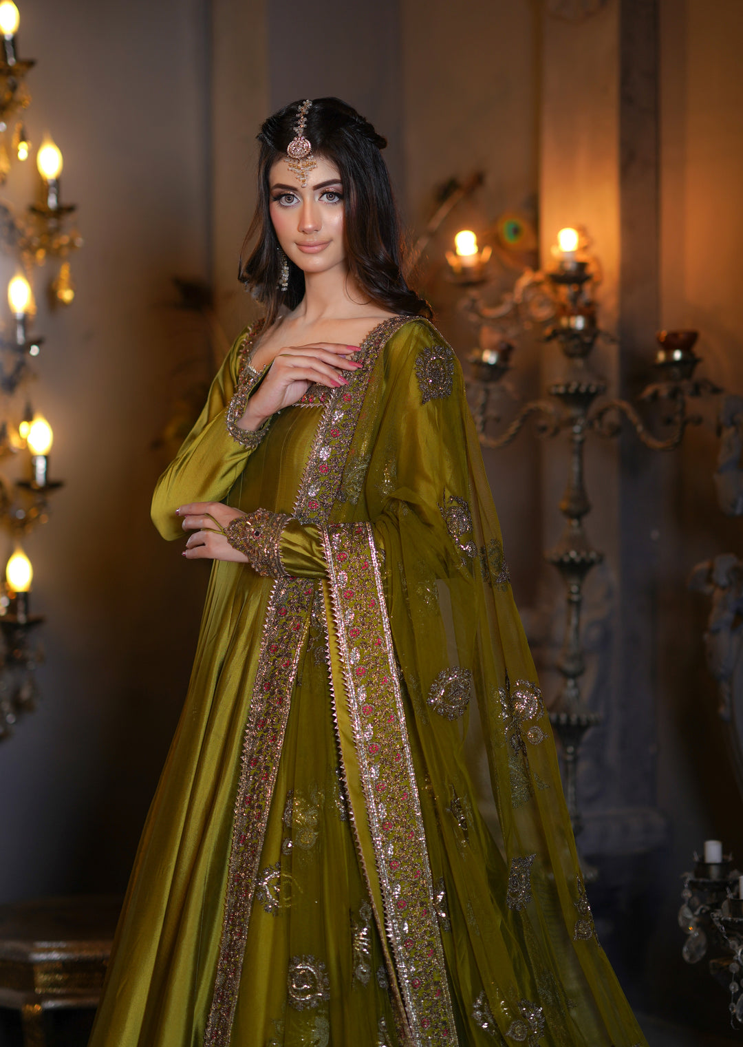 Kalidar Peshwas Unstitched | Naina Lage | KKDP-004 OLIVE GREEN |