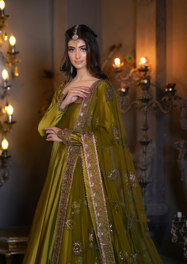 Kalidar Peshwas Unstitched | Naina Lage | KKDP-004 OLIVE GREEN |