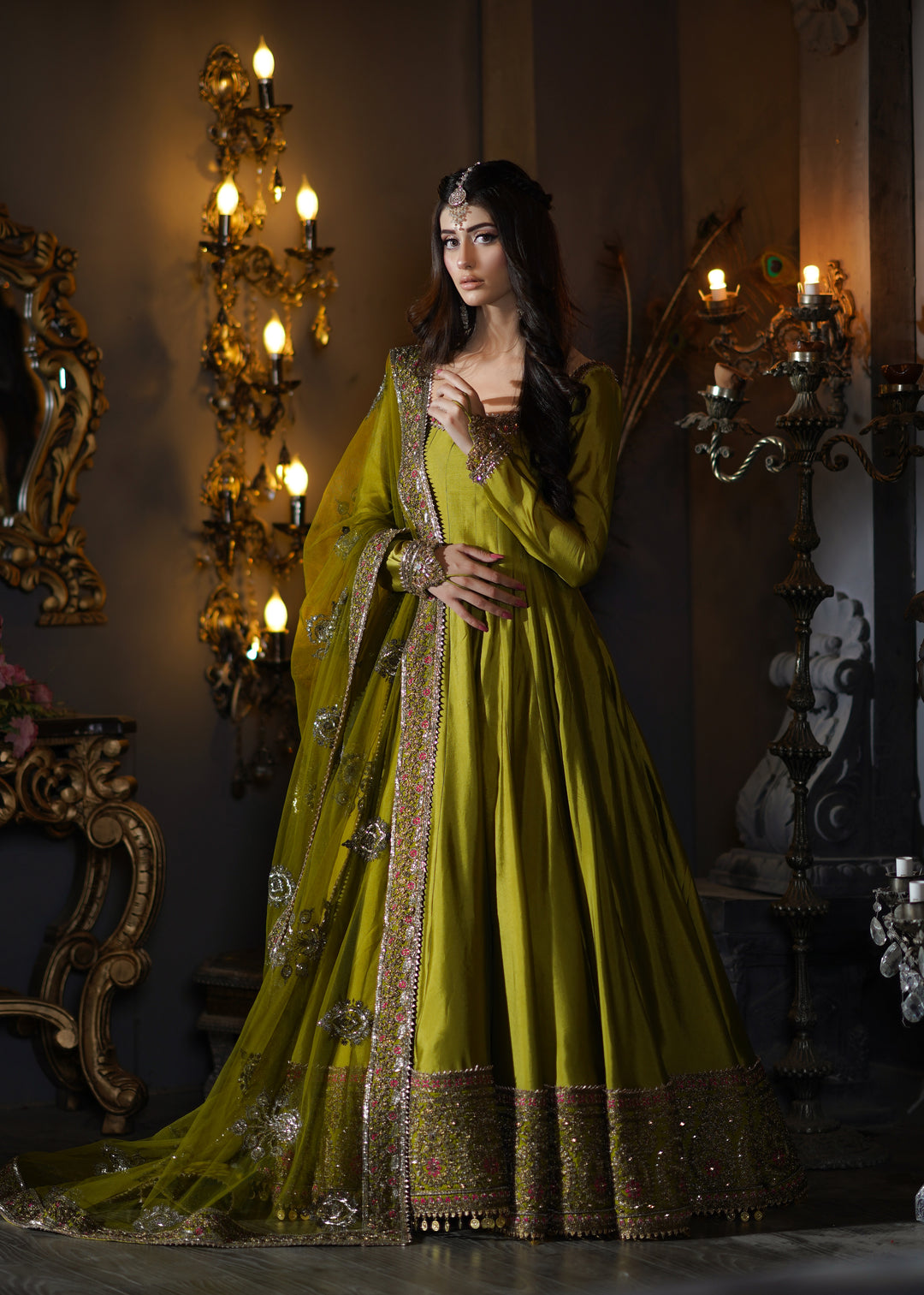 Kalidar Peshwas Unstitched | Naina Lage | KKDP-004 OLIVE GREEN |