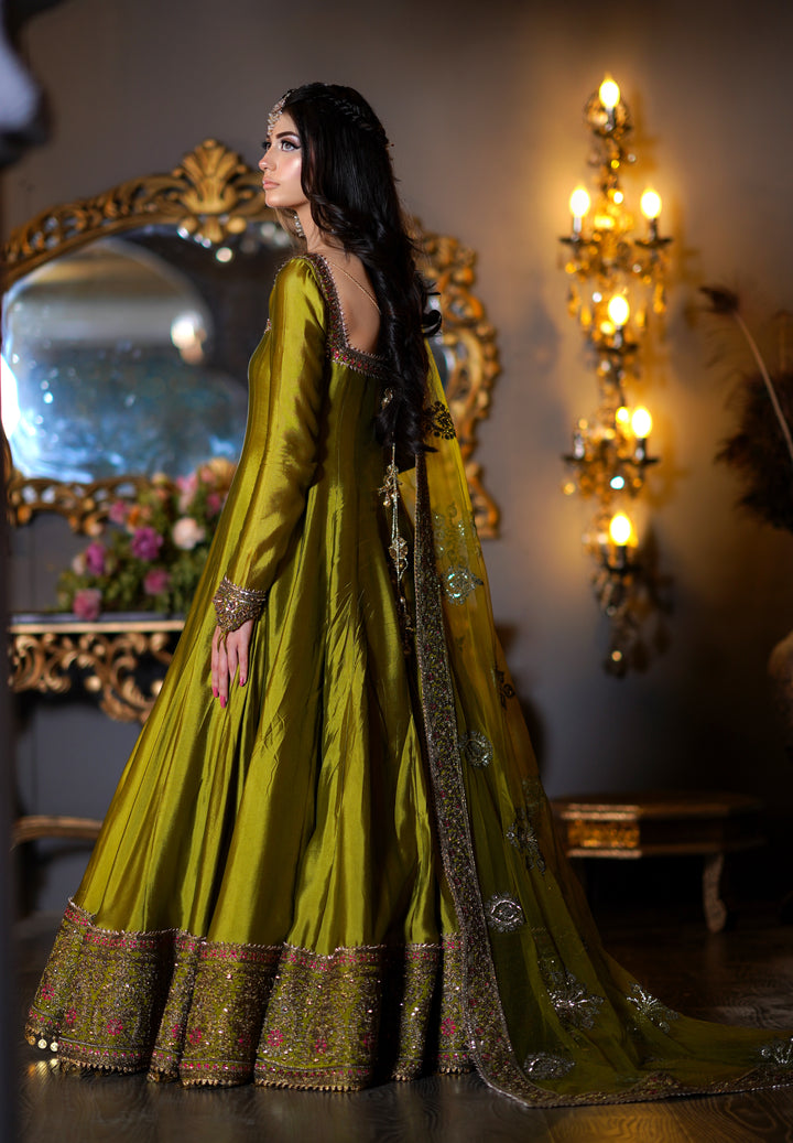Kalidar Peshwas Unstitched | Naina Lage | KKDP-004 OLIVE GREEN |