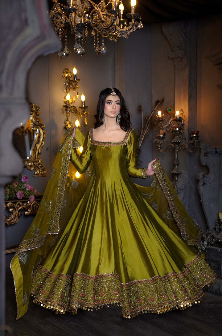 Kalidar Peshwas Unstitched | Naina Lage | KKDP-004 OLIVE GREEN |